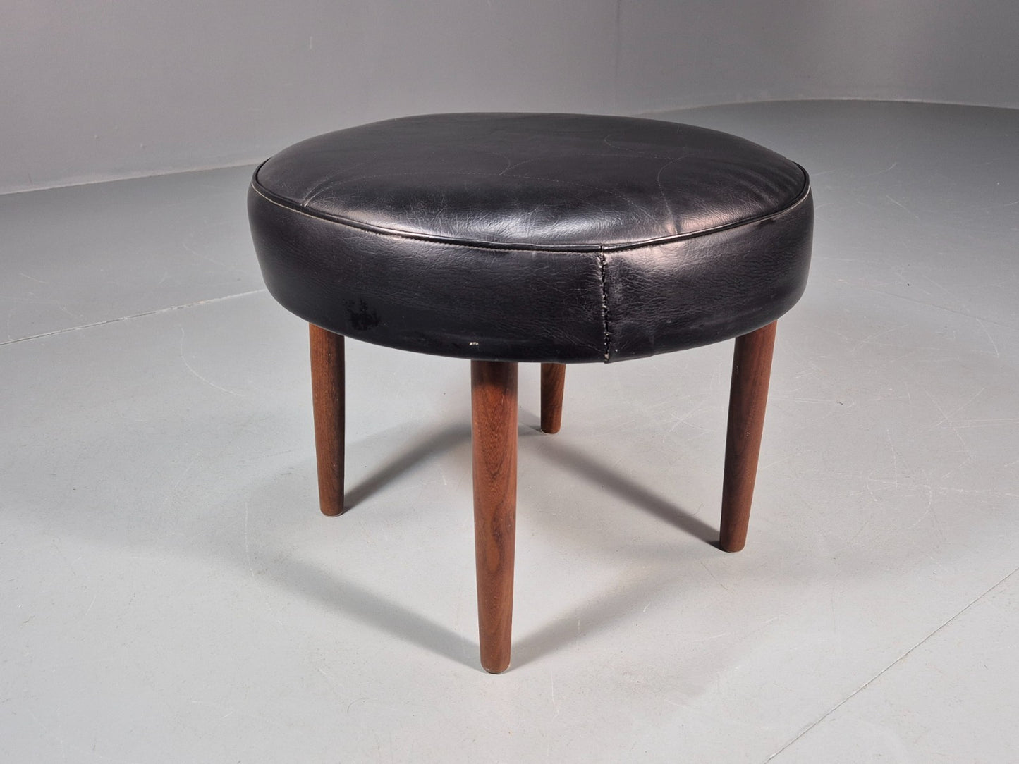 1960s Circular Footstool Danish Vinyl and Teak Retro MCM EB10883 MFOO1