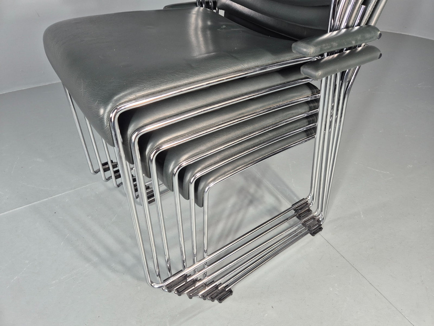 6 Leather Stacking Chairs Brunner Linos Dark Green Chrome Modern EB11735 MSTA8