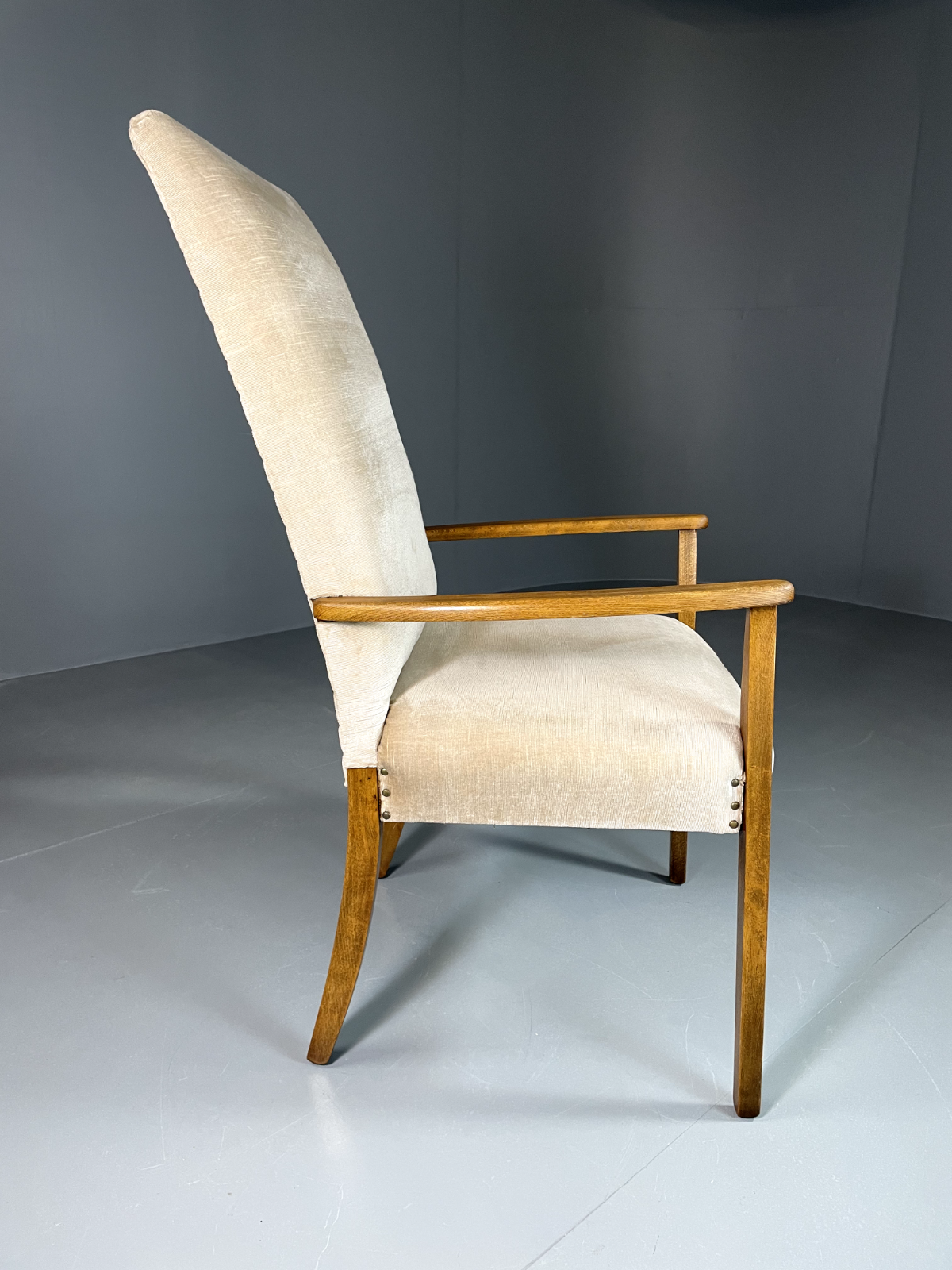 Vintage Danish Highback Armchair Cream Velour Studded Seating VCLO EB60096
