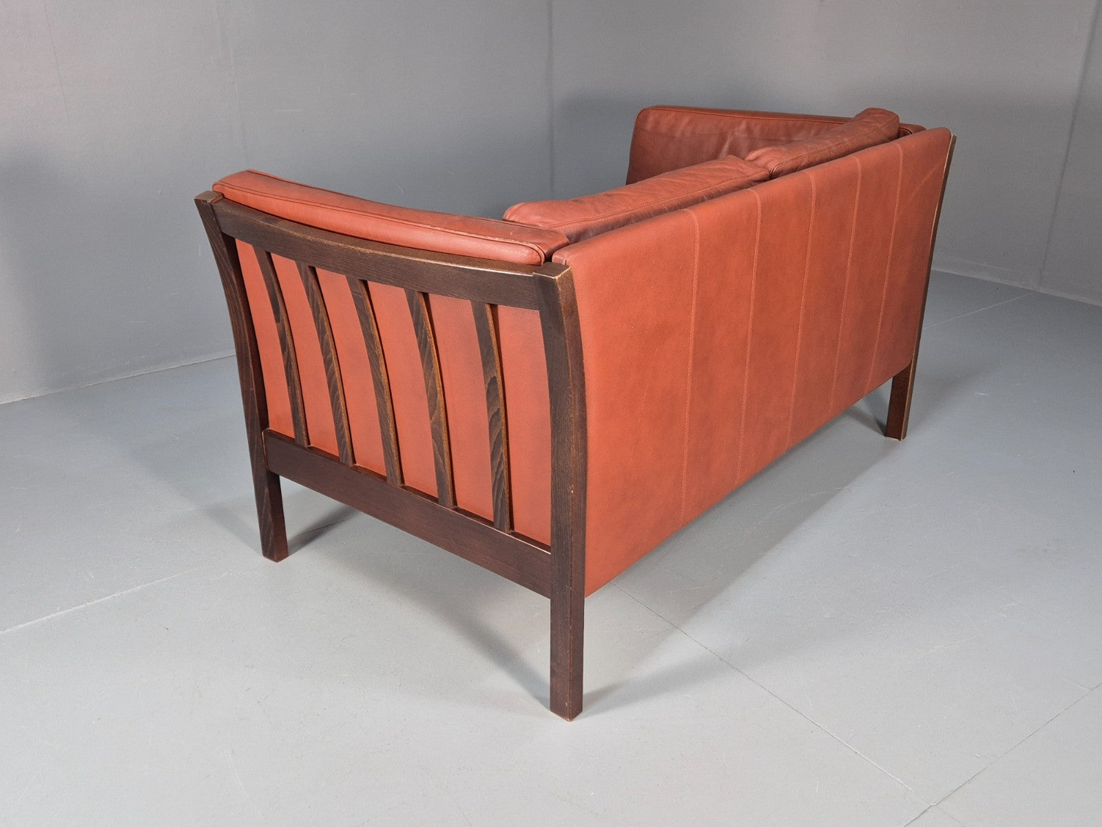Mid Century 2 Seater Sofa Stouby Red Brown Leather Beech End Retro  EB10060 M2SS13