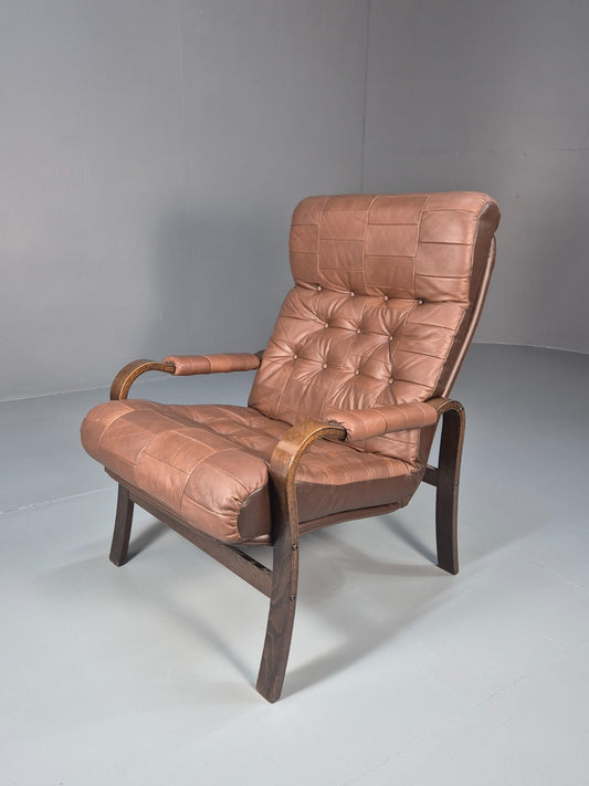 Vintage Danish Bentwood Lounge Chair Brown Leather Buttoned 1970s EB9486 MBEN - UKDK FURNITURE