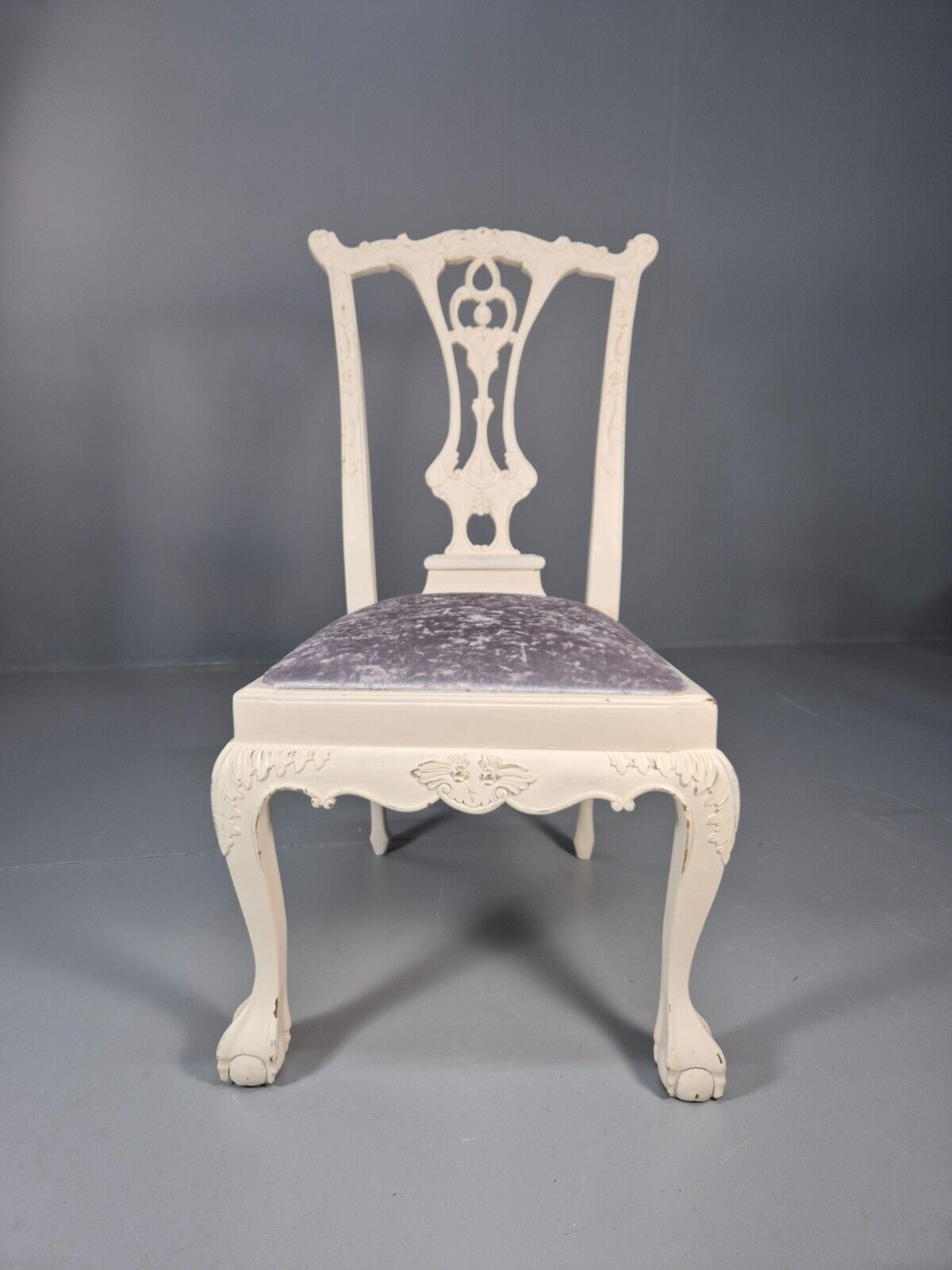 6 Vintage Chippendale Style Chairs White Painted Blue Chenille 1950s EB9394 VDIN - UKDK FURNITURE