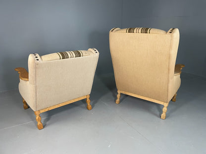 2 Danish Lounge Chairs Oak Frame Cream Wool Kjaernulf Vintage Retro EB6689 MNOR12