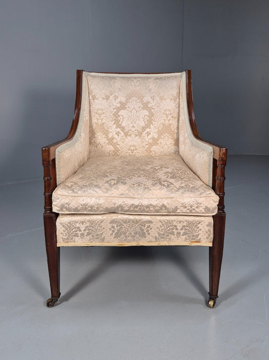 Antique Edwardian Mahogany Armchair Satin Creme Leaf Pattern Fabric EB8446 VCLO - UKDK FURNITURE