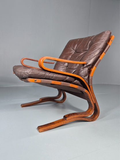 Vintage Skyline Lounge Chair Brown Leather 1970s Retro MCM Bentwood EB11326 MBEN1