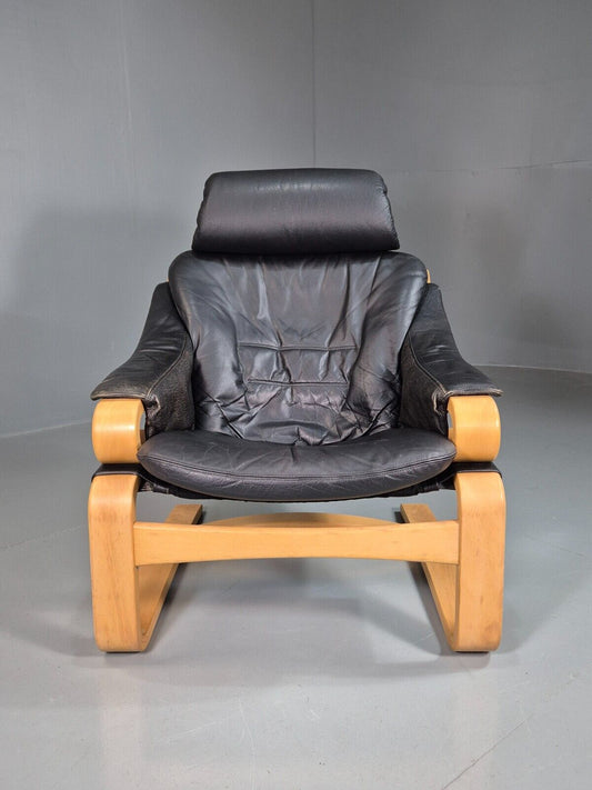 Vintage Danish Lounge Chair Black Leather Bentwood Skippers Retro EB7591 MBEN - UKDK FURNITURE