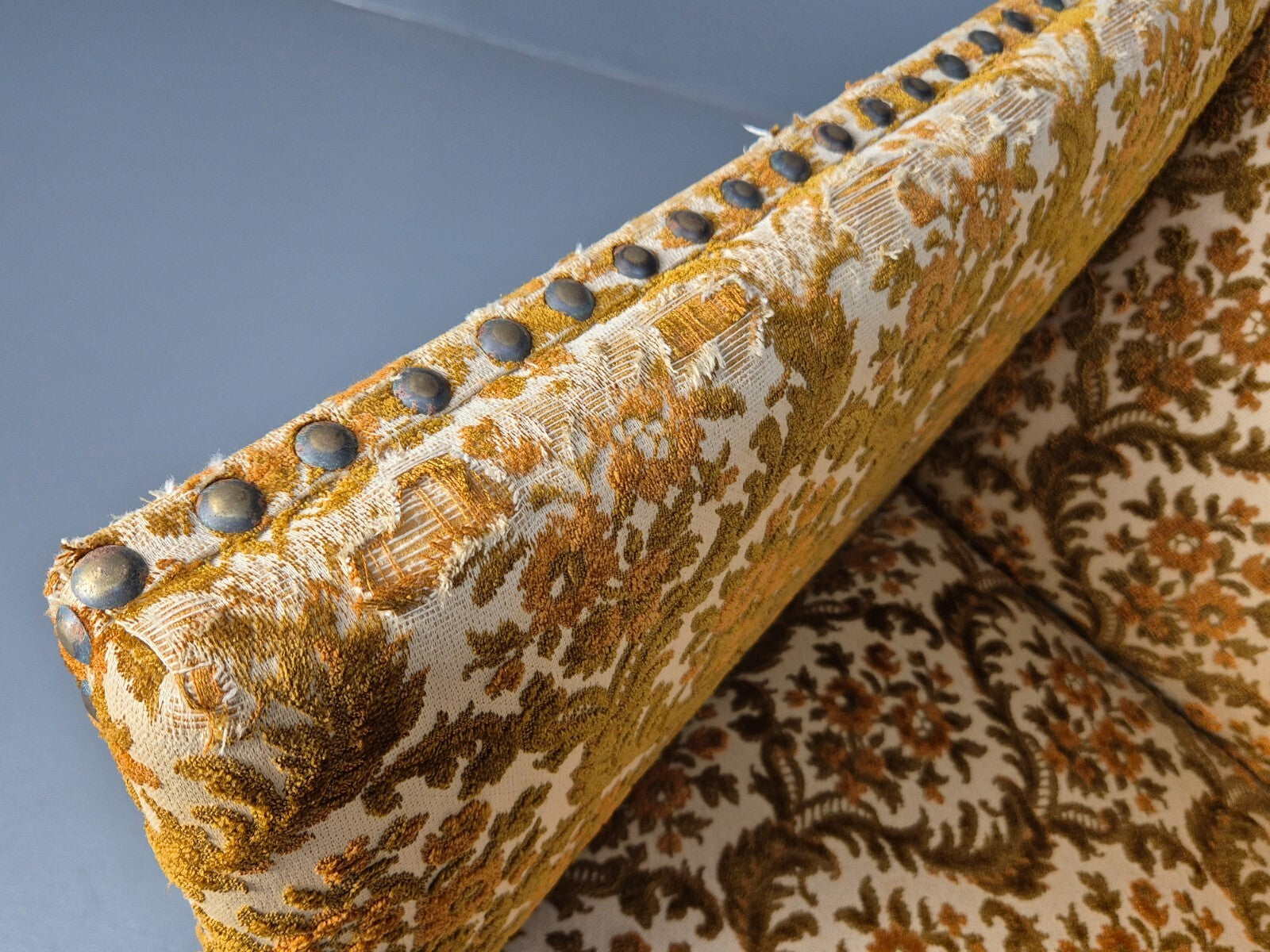 Vintage Danish 2 Seat Sofa Compact and Boxy Gold Moquette Tassels EB9588 V2SS - UKDK FURNITURE