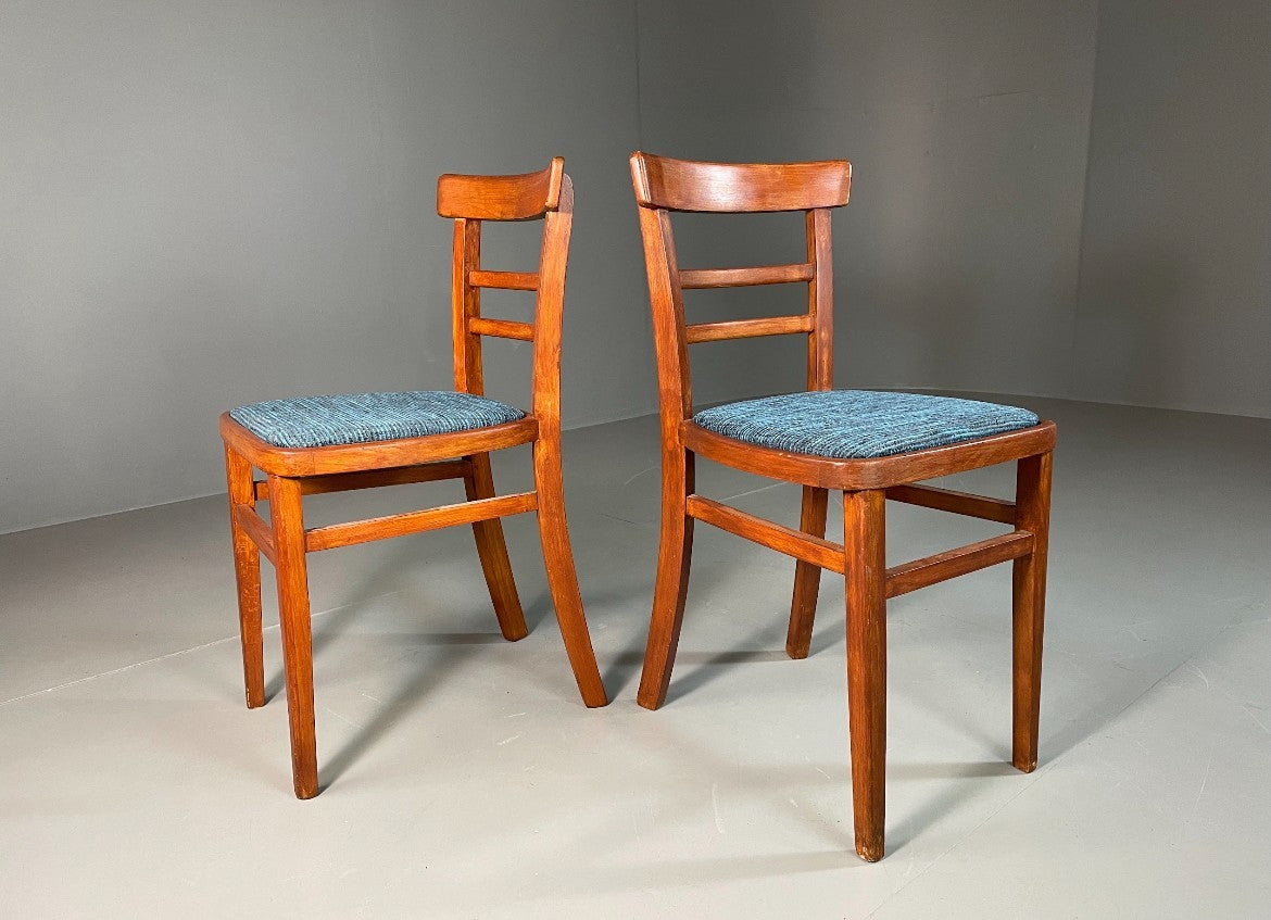 2 Kitchen Chairs Beech Frame Blue Chenille Upholstery 1960s Retro EB6326 MDIN1