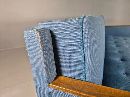 Vintage Danish Sofa Bed Blue Wool Teak Arms 1960s Retro MCM EB7259 M3SS - UKDK FURNITURE