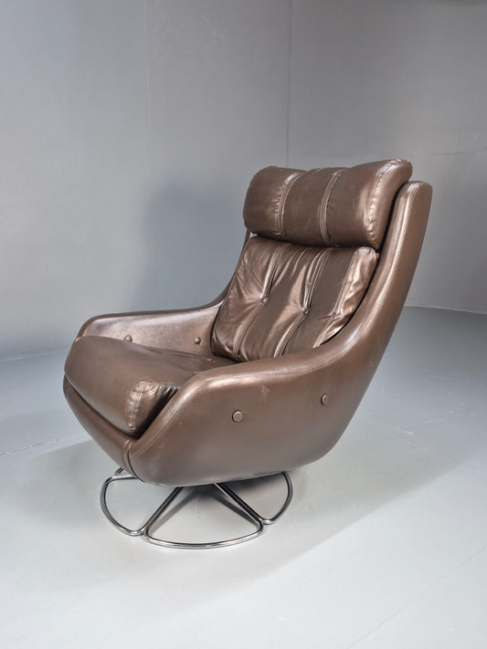 Vintage 1970s Brown Vinyl Bucket Swivel Chair on Chrome Base Retro EB9705 MSWI - UKDK FURNITURE