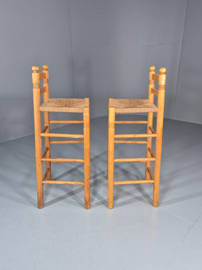 2 Vintage High Bar Stools 1980s Pine Rush Seats Retro  EB11014 VDIN6