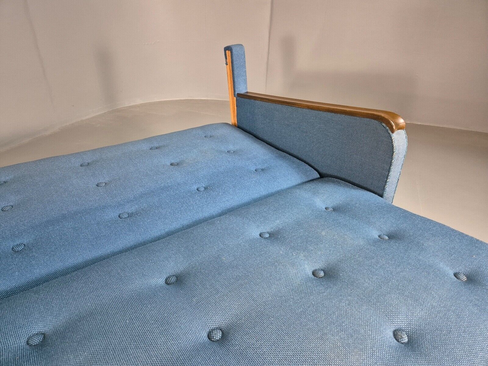 Vintage Danish Sofa Bed Blue Wool Teak Arms 1960s Retro MCM EB7259 M3SS - UKDK FURNITURE