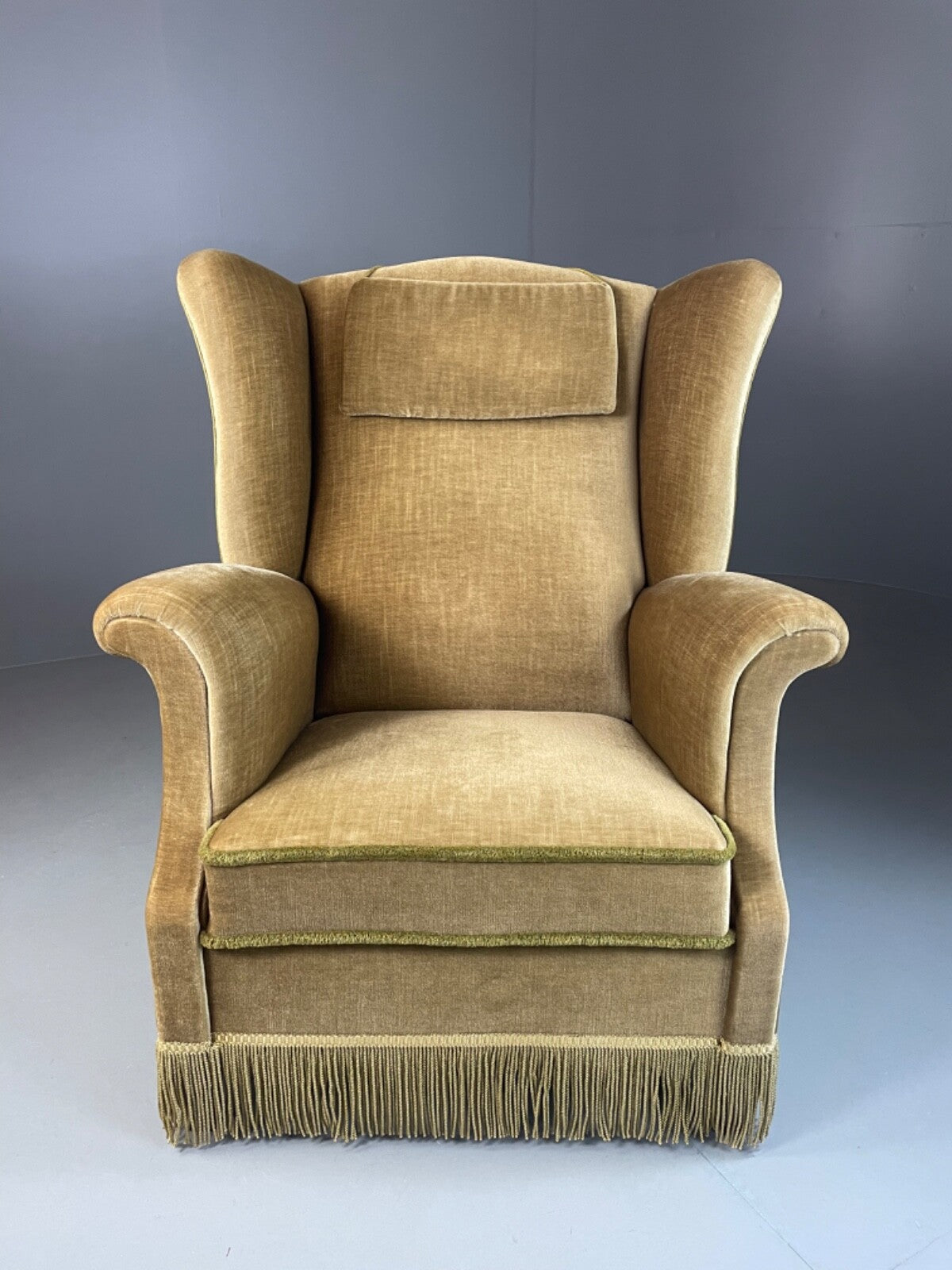 Vintage Danish Wingback Armchair Olive Green Tassel Trim 1950s 1960s VCLO EB48941