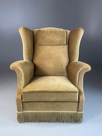 Vintage Danish Wingback Armchair Olive Green Tassel Trim 1950s 1960s VCLO EB48941