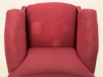 EB2597 Dark Red Fabric Arm Chair with Castors for Reupholstery VintageVCLO - UKDK FURNITURE