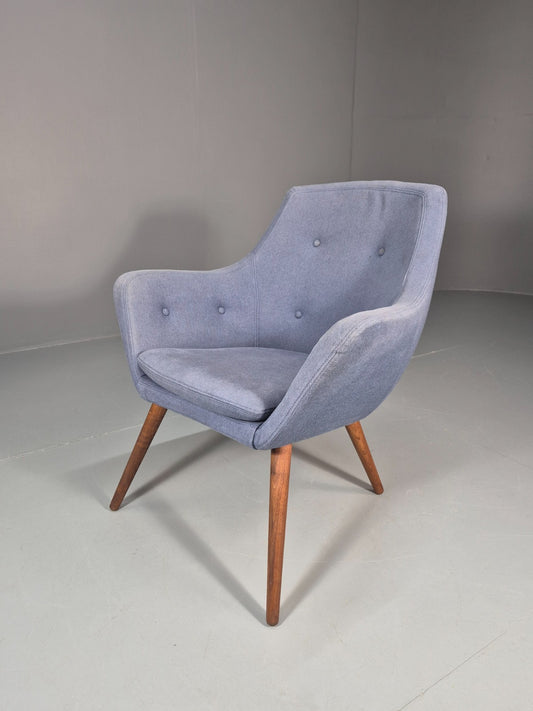 Retro Danish Tub Chair Blue Canvas Teak Turned Legs MCM Vintage  EB10747 MNOR0