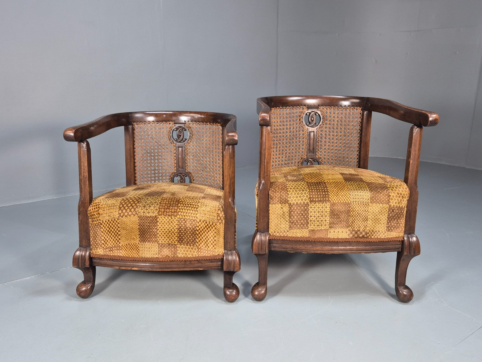 Pair Art Deco Tub Chairs Bergere Back Oak Frame Brown Velour 1930s EB10696 VCAR4