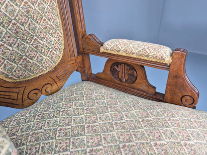2 Edwardian Carved Oak Lounge Chairs Embroidery Upholstery 1900s EB10690 VCAR7