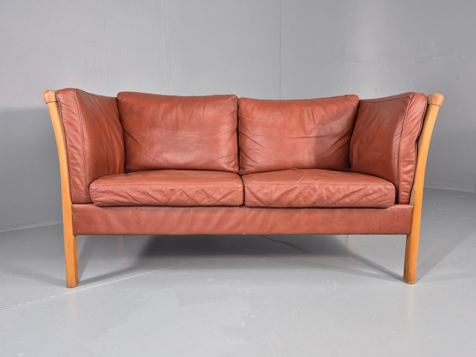 Vintage Stouby 2 Seat Sofa Reddy Brown Leather Beech Ends Retro EB10509 M2SS6
