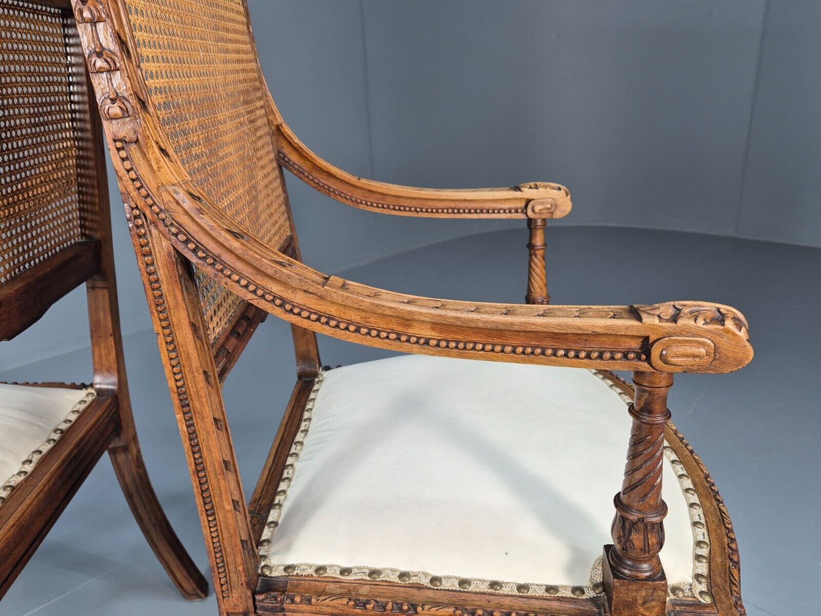 2 Vintage Danish Lounge Chairs Rattan Walnut Louis XVI Style Antique EB8995 VBER - UKDK FURNITURE
