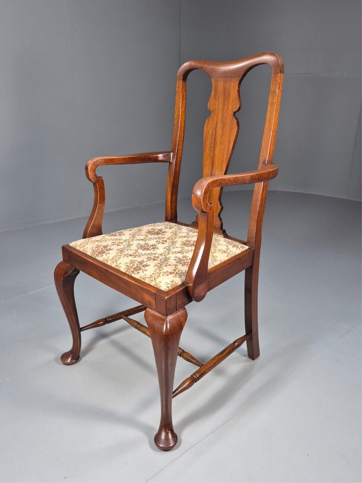Vintage Elbow Carver Chair Floral Tapestry Seat Mahogany Antique EB9145 VDIN - UKDK FURNITURE