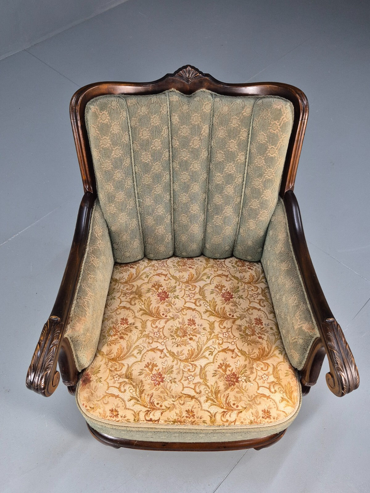 Antique Mahogany Shell Back Cream And Green Armchair Floral Pattern EB9531 VCLO - UKDK FURNITURE