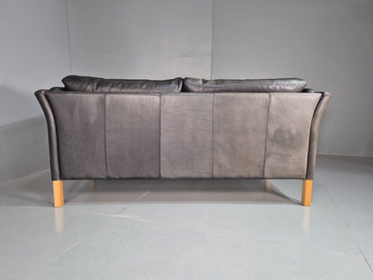 Vintage Danish Two Seat Sofa Faded Black Leather 1980s Retro MCM EB8168 M2SS - UKDK FURNITURE