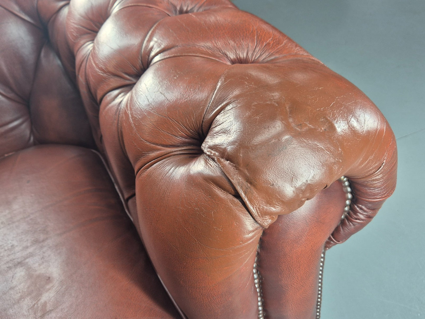 3 Seater Chesterfield Sofa Red Leather Studded Vintage EB11022 VCHE20