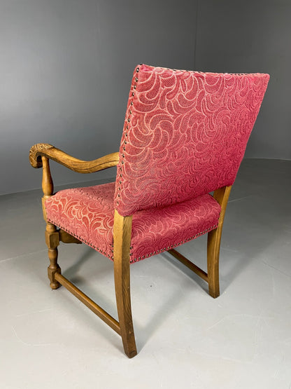 Vintage Danish Lounge Chair Oak Red Moquette 17th Century Style EB6942 VCLO14