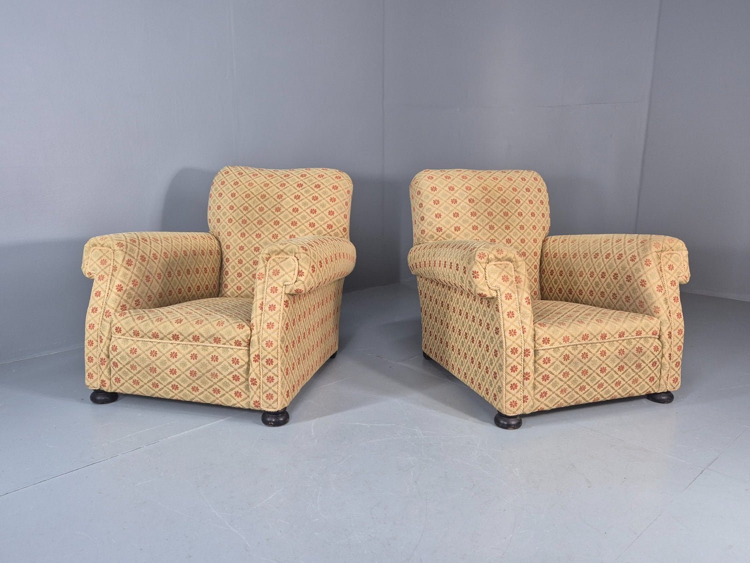 Vintage Chunky Armchairs Beige Fabric Early 20th Century Ball Feet EB11664 VCLO0