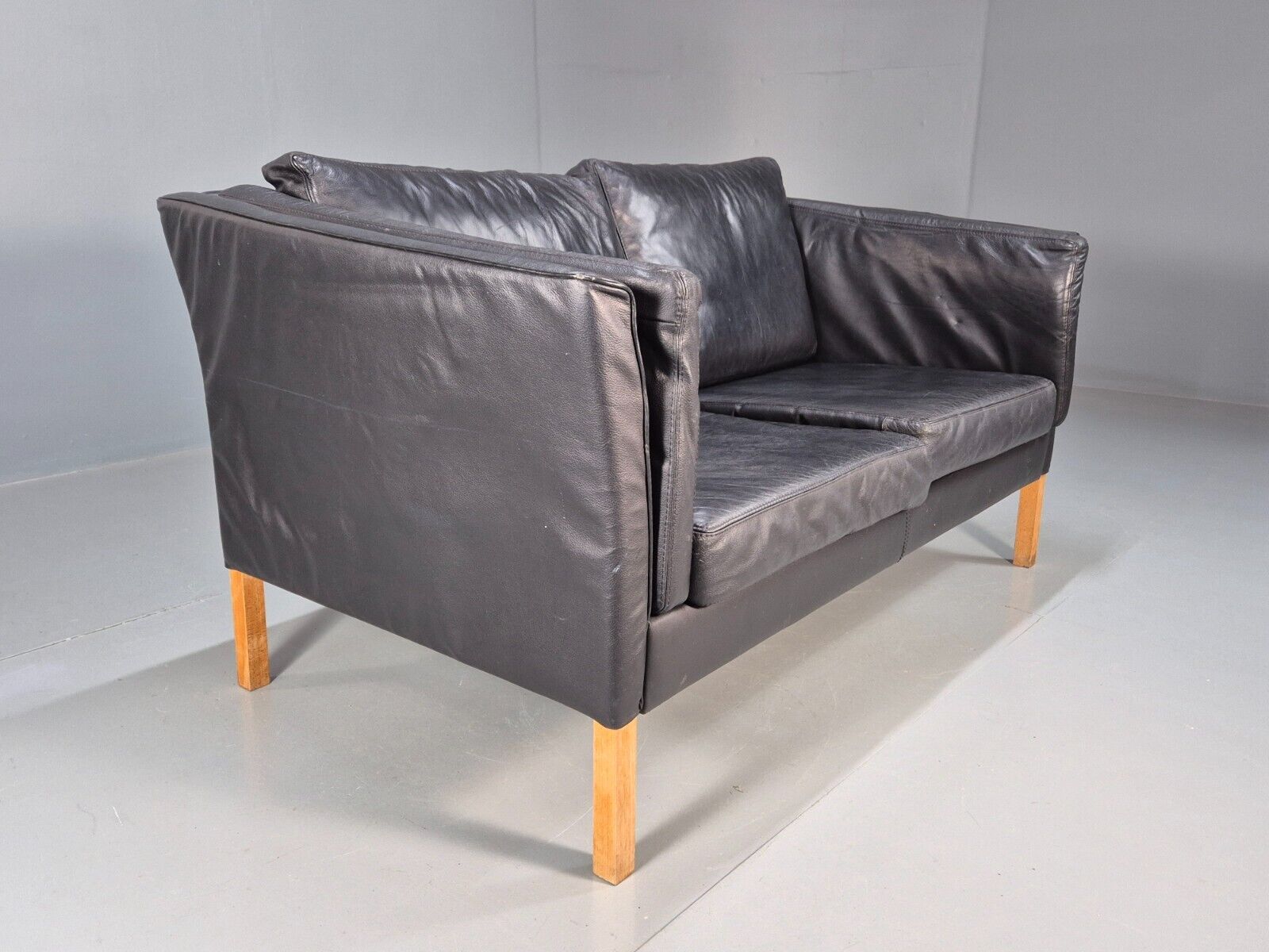 Vintage Danish 2 Seat Sofa Black Leather 1980s Retro MCM EB8618 M2SS - UKDK FURNITURE