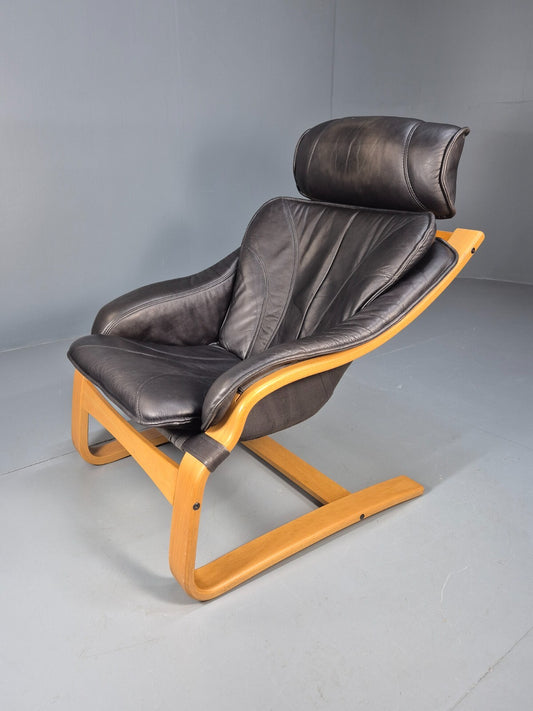 Vintage Black Leather Armchair Blonde Bentwood 1980s Danish MCM EB9256 MBEN0