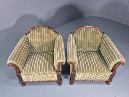 2 Antique Deep Lounge Chairs Oak Frame Green Corduroy 1900s  EB10758 VCAR7