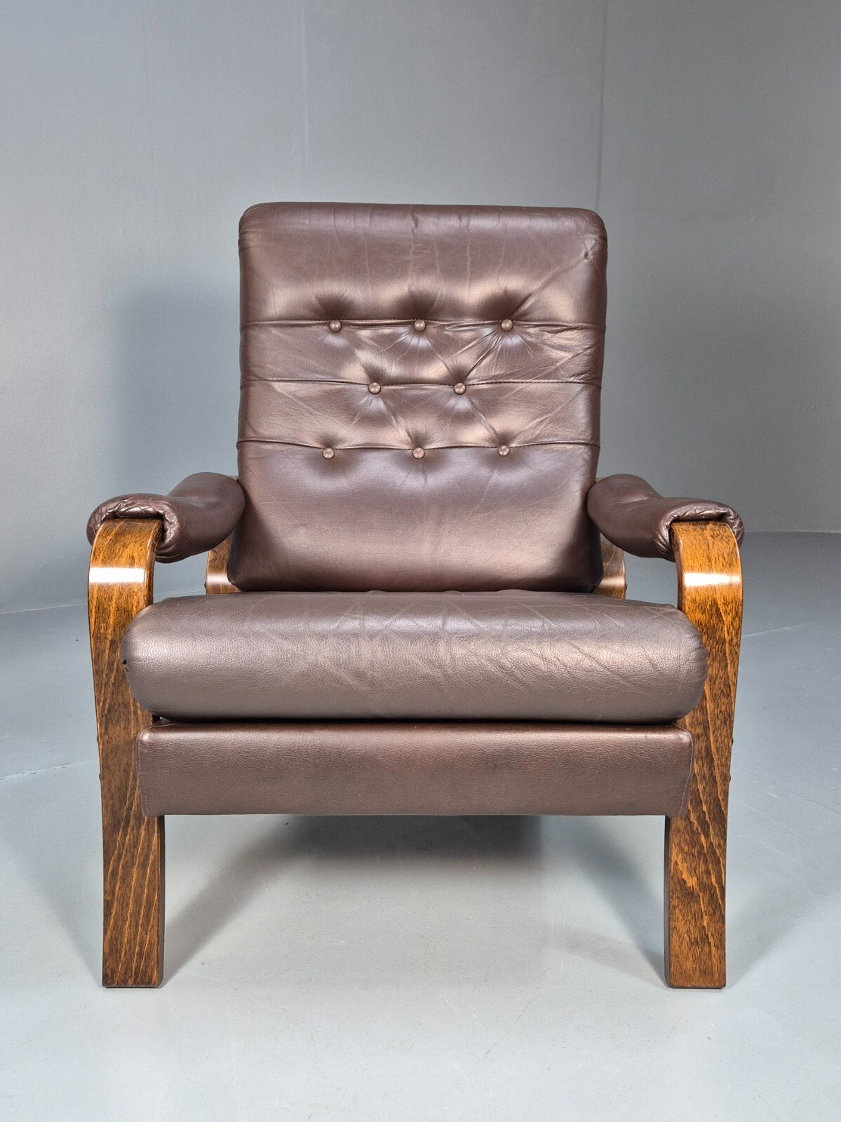 Vintage Danish Brown Leather Lounge Chair Bentwood Frame 1970s Retro EB9287 MNOR - UKDK FURNITURE