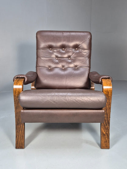 Vintage Danish Brown Leather Lounge Chair Bentwood Frame 1970s Retro EB9287 MNOR - UKDK FURNITURE