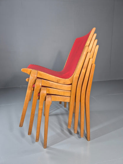 4 Stacking Lounge Chairs 1950s Swedish Red Beech Mid Century Retro EB11102 MDIN17