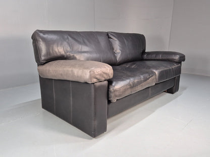 1980s Two Seater Sofa Faded Black Leather Boxy Style Retro Danish EB10714 M2SS9