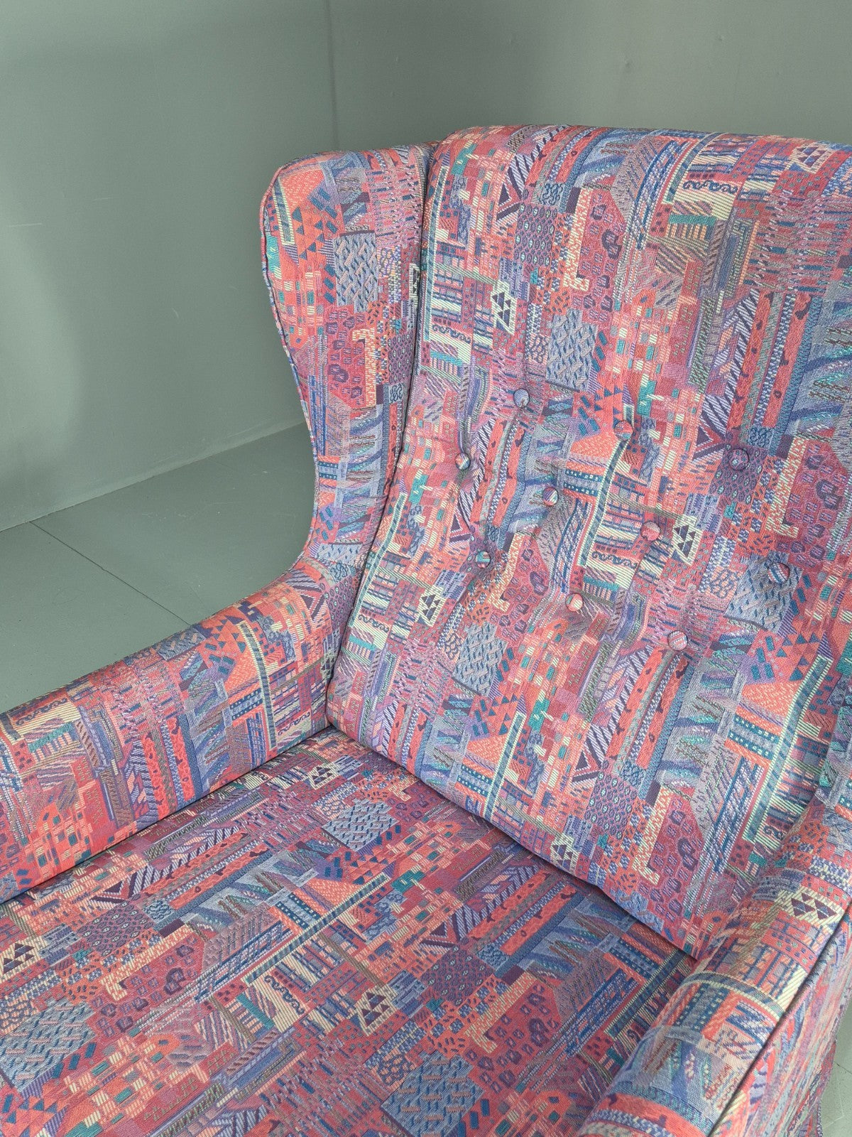 Vintage Danish Wingback Chair 1980s Retro Geometric Cotton Weave EB11291 MNOR12