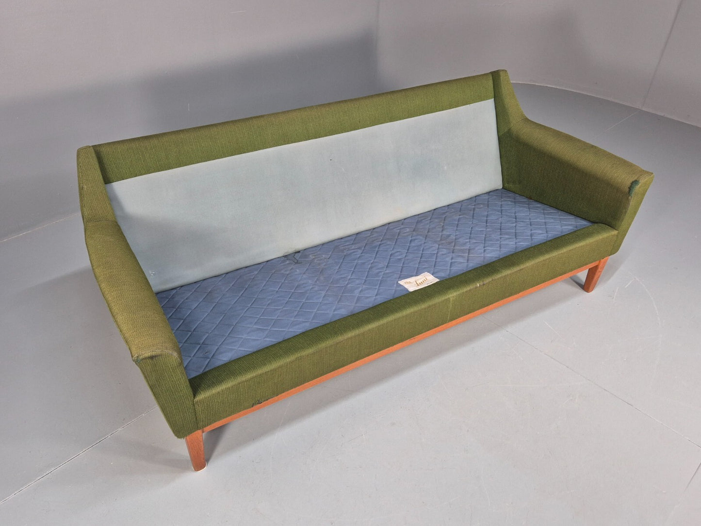 Mid Century 3 Seater Sofa Green Cream Fabric Teak Vintage Scandi EB9794 M3SS - UKDK FURNITURE