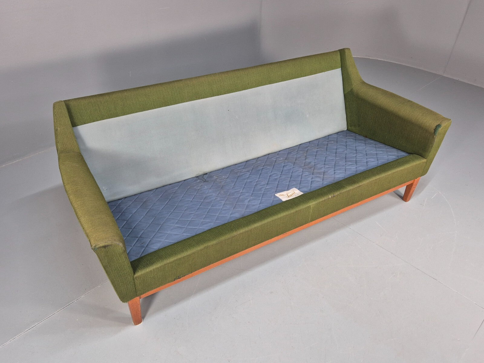 Mid Century 3 Seater Sofa Green Cream Fabric Teak Vintage Scandi EB9794 M3SS - UKDK FURNITURE