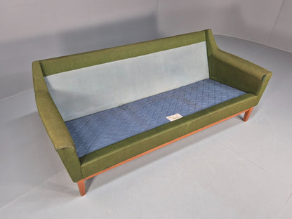 Mid Century 3 Seater Sofa Green Cream Fabric Teak Vintage Scandi EB9794 M3SS - UKDK FURNITURE