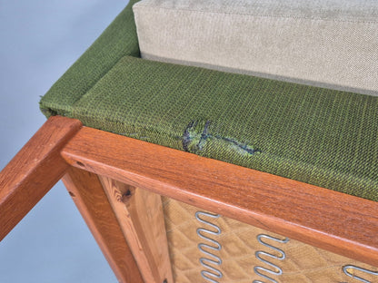 Mid Century 3 Seater Sofa Green Cream Fabric Teak Vintage Scandi EB9794 M3SS - UKDK FURNITURE