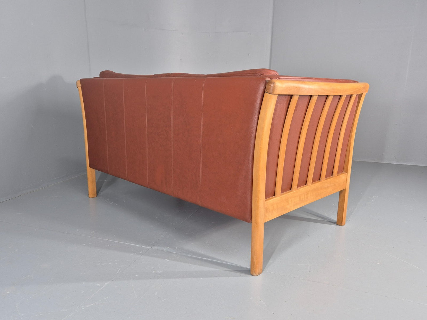 Vintage Stouby 2 Seat Sofa Reddy Brown Leather Beech Ends Retro EB10509 M2SS17