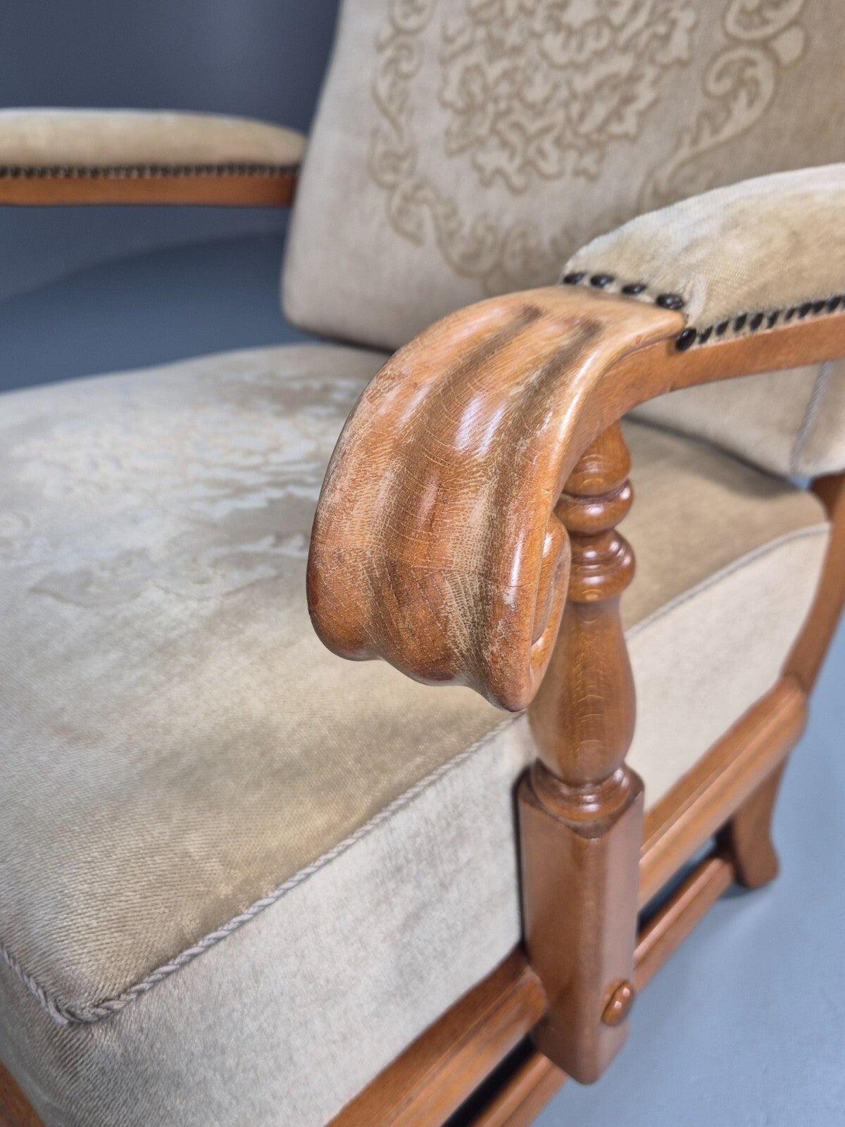 Vintage Danish Oak Frame 1970s Lounge Chair Gold Floral Upholstery EB9658 VCLO - UKDK FURNITURE
