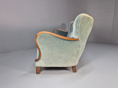Vintage Danish Art Deco Sofa Blue Velvet Velour Oak Frame Shell Back EB9591 V3SS - UKDK FURNITURE