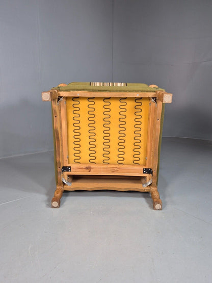Vintage Danish Green Striped Wingback Armchair Oak Studded Skippers EB8044 MNOR - UKDK FURNITURE