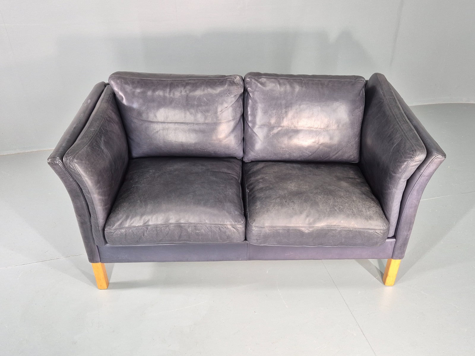 Vintage 2 Seater Sofa Danish Blue Leather Mid Century 1980s Retro EB9069 M2SS4