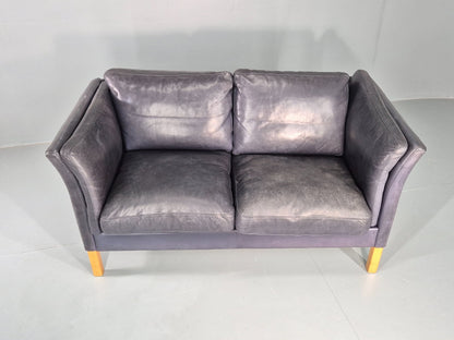 Vintage 2 Seater Sofa Danish Blue Leather Mid Century 1980s Retro EB9069 M2SS4