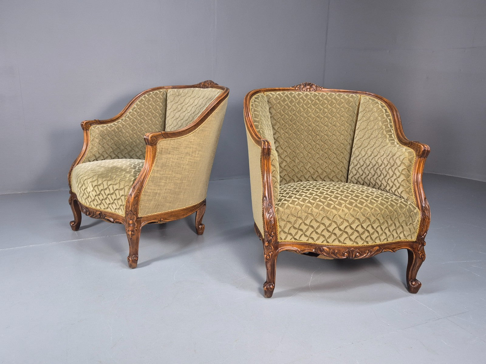 2 Antique Tub Chairs Oak Carved Frame Green Patterned Velvet 1920s EB10741 VCAR0