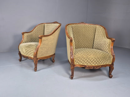 2 Antique Tub Chairs Oak Carved Frame Green Patterned Velvet 1920s EB10741 VCAR0